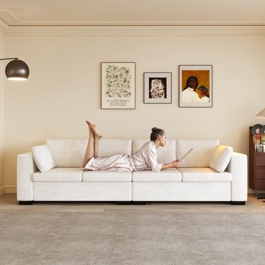 Canapé 4 places moderne en tissu chenille blanc cassé, structure en bois, mousse haute élasticité