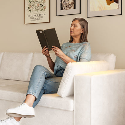 Canapé 4 places moderne en tissu chenille blanc cassé, structure en bois, mousse haute élasticité