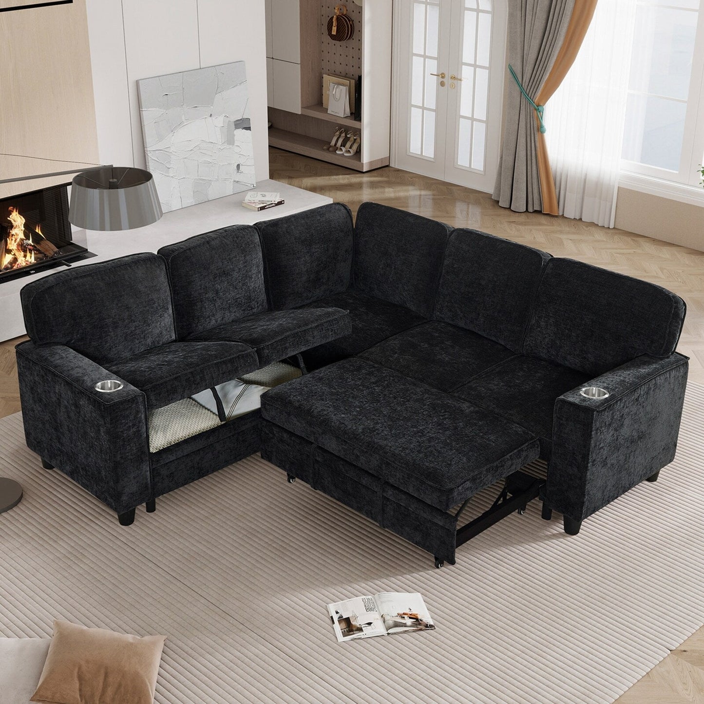 Canapé-lit sectionnel 5 places en L, en chenille moderne, avec rangement, ports USB et porte-gobelets pour le salon