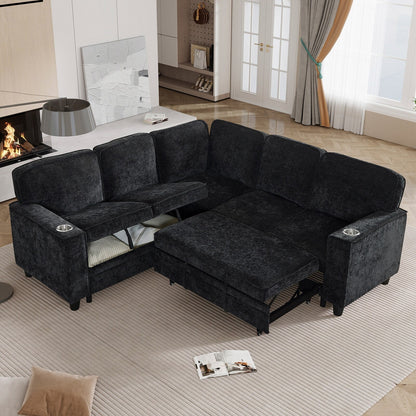 Canapé-lit sectionnel 5 places en L, en chenille moderne, avec rangement, ports USB et porte-gobelets pour le salon