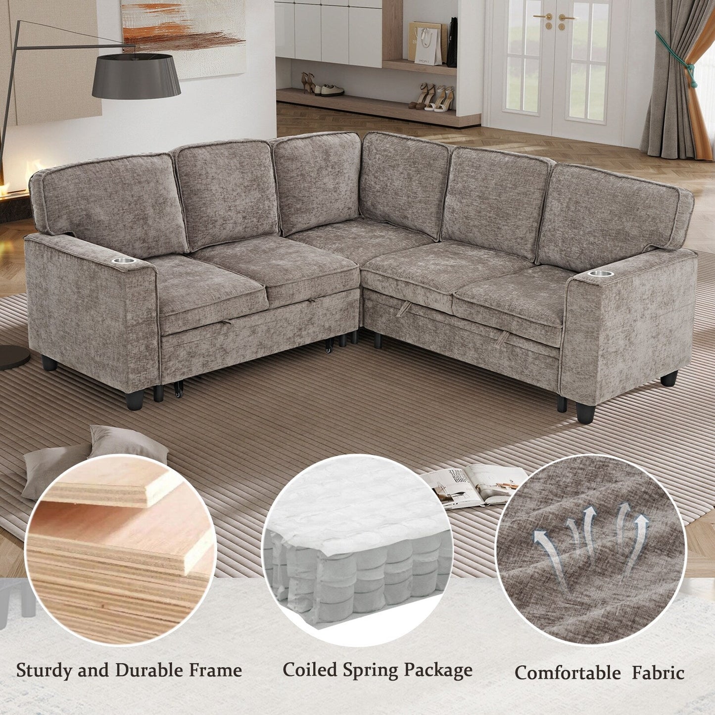 Canapé-lit sectionnel 5 places en L, en chenille moderne, avec rangement, ports USB et porte-gobelets pour le salon