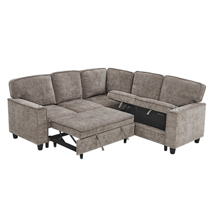 Canapé-lit sectionnel 5 places en L, en chenille moderne, avec rangement, ports USB et porte-gobelets pour le salon