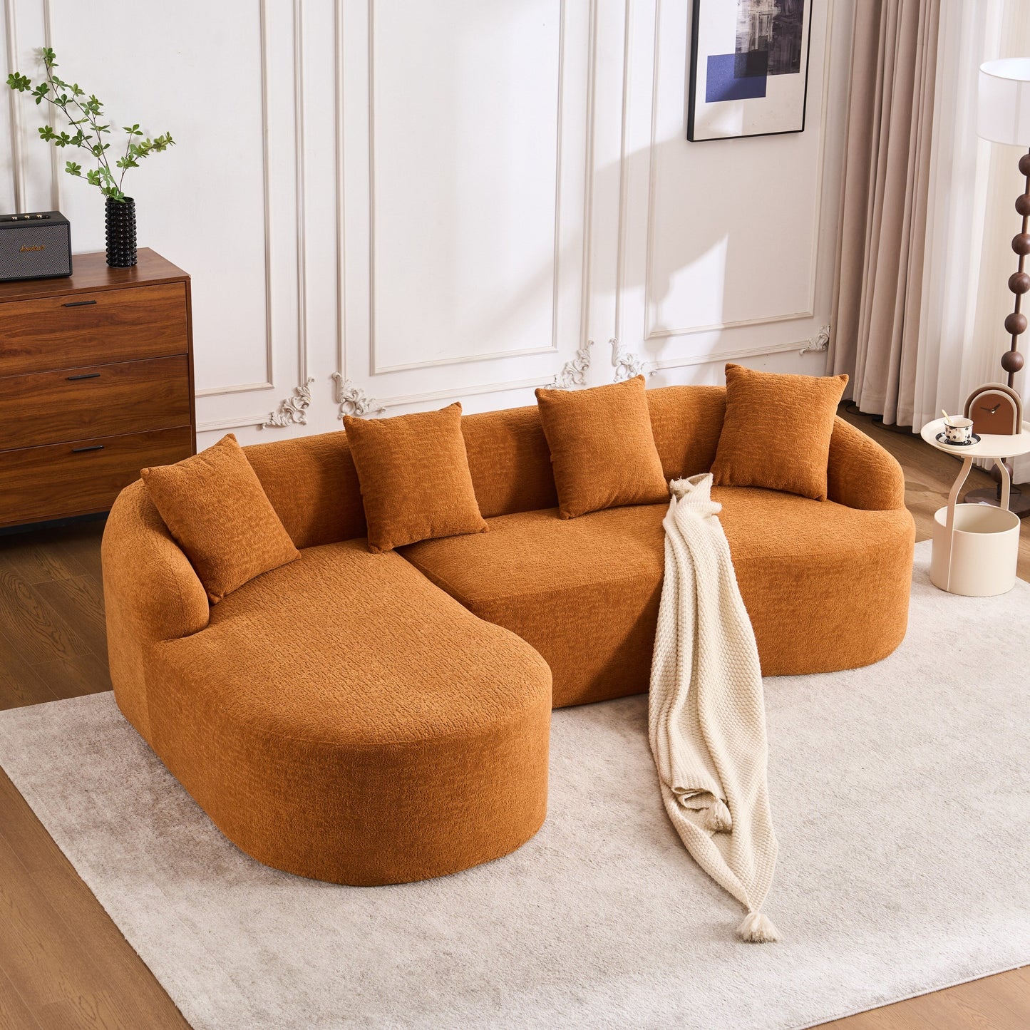 Canapé modulaire moderne en L en chenille avec méridienne incurvée et 4 coussins pour le salon