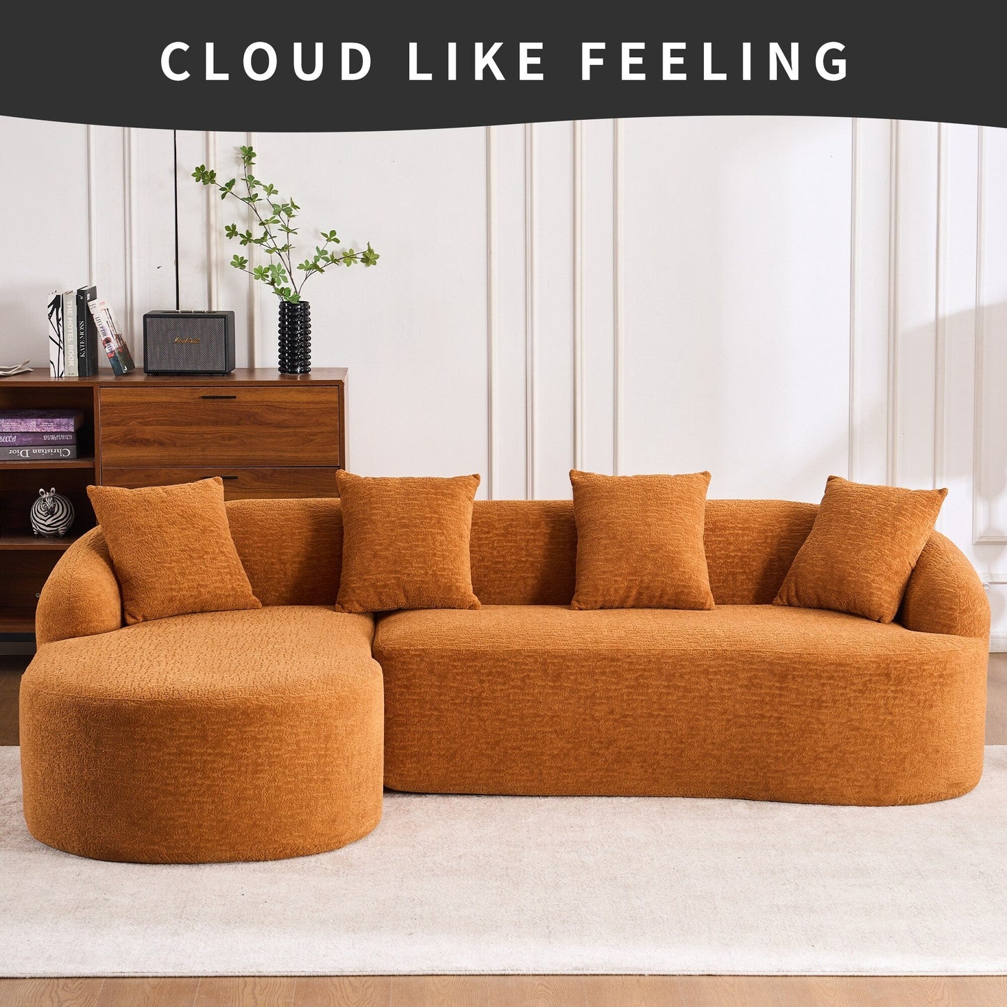 Canapé modulaire moderne en L en chenille avec méridienne incurvée et 4 coussins pour le salon