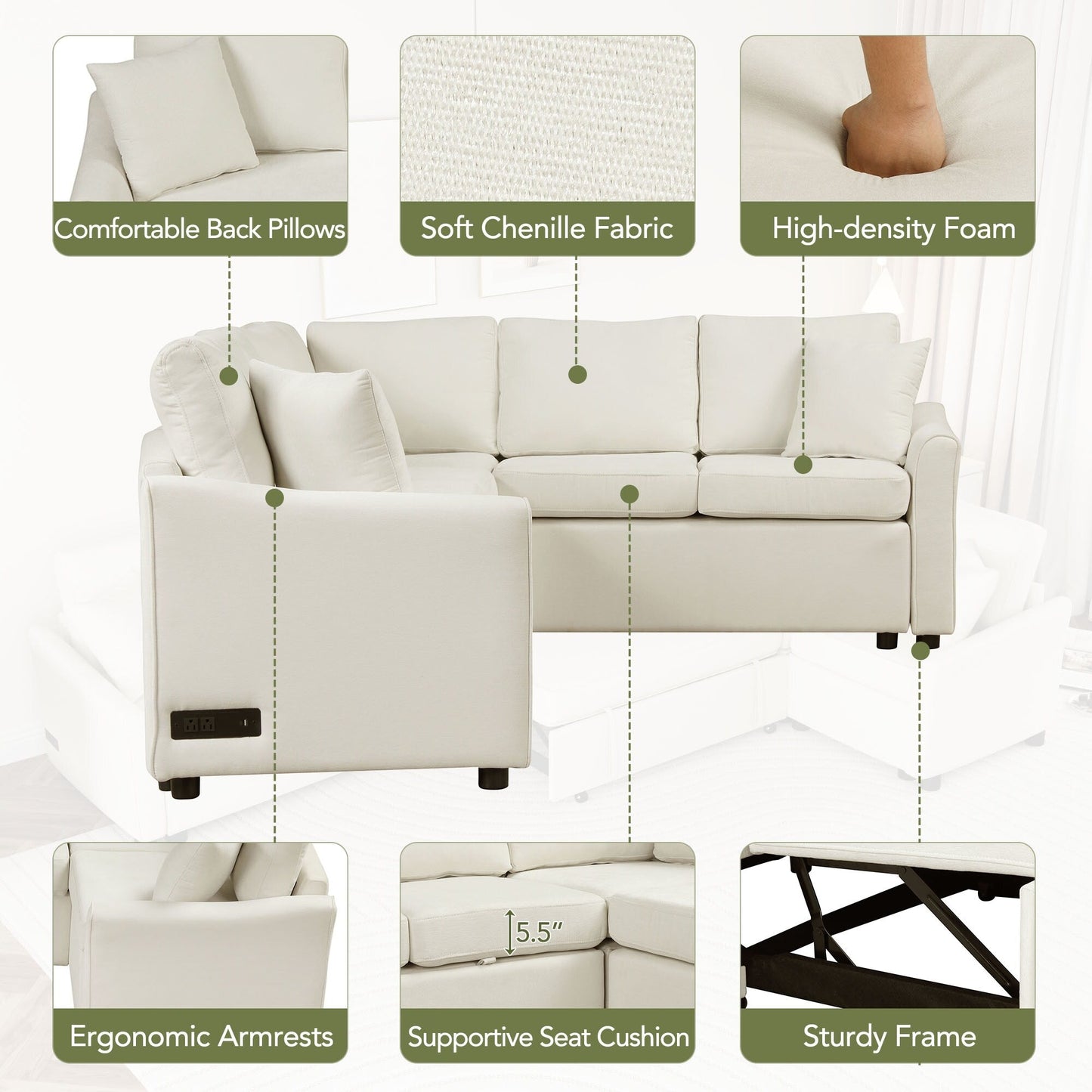 Canapé sectionnel moderne en L en chenille avec lit gigogne, ports de charge USB et prises de courant pour le salon