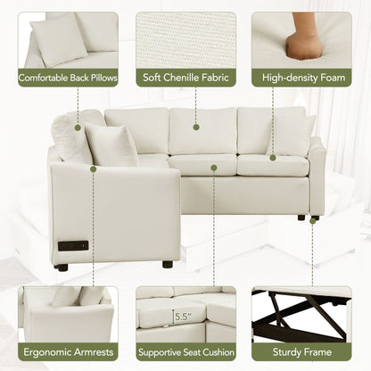 Canapé sectionnel moderne en L en chenille avec lit gigogne, ports de charge USB et prises de courant pour le salon