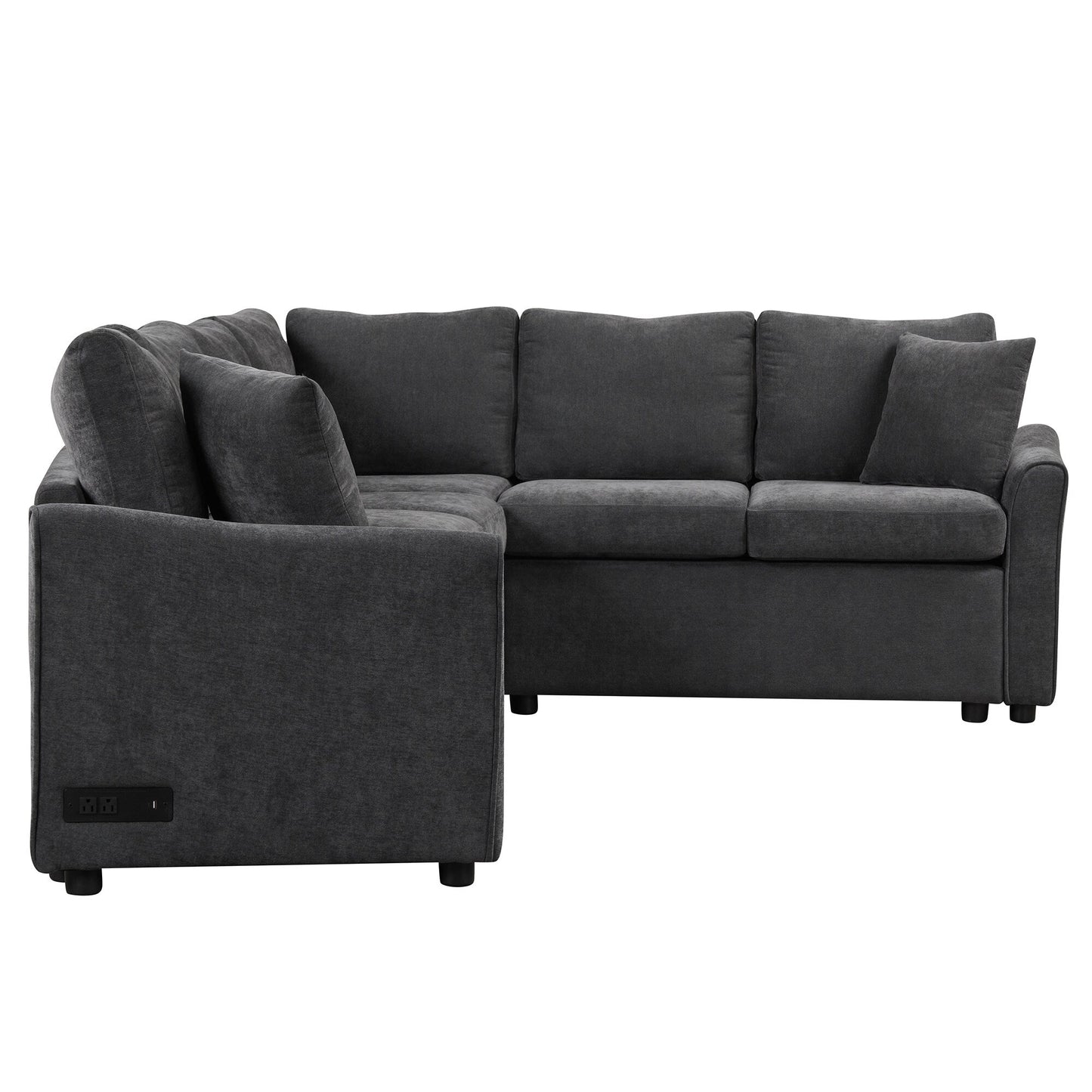 Canapé sectionnel moderne en L en chenille avec lit gigogne, ports de charge USB et prises de courant pour le salon