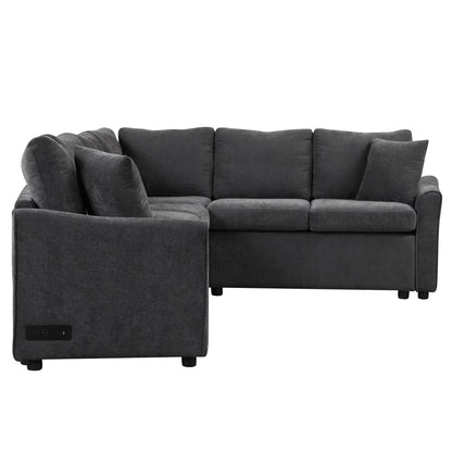 Canapé sectionnel moderne en L en chenille avec lit gigogne, ports de charge USB et prises de courant pour le salon