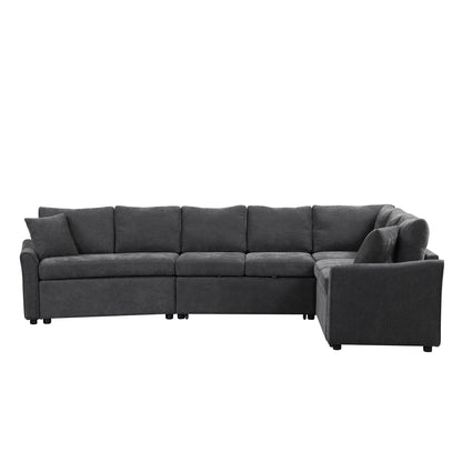 Canapé sectionnel moderne en L en chenille avec lit gigogne, ports de charge USB et prises de courant pour le salon