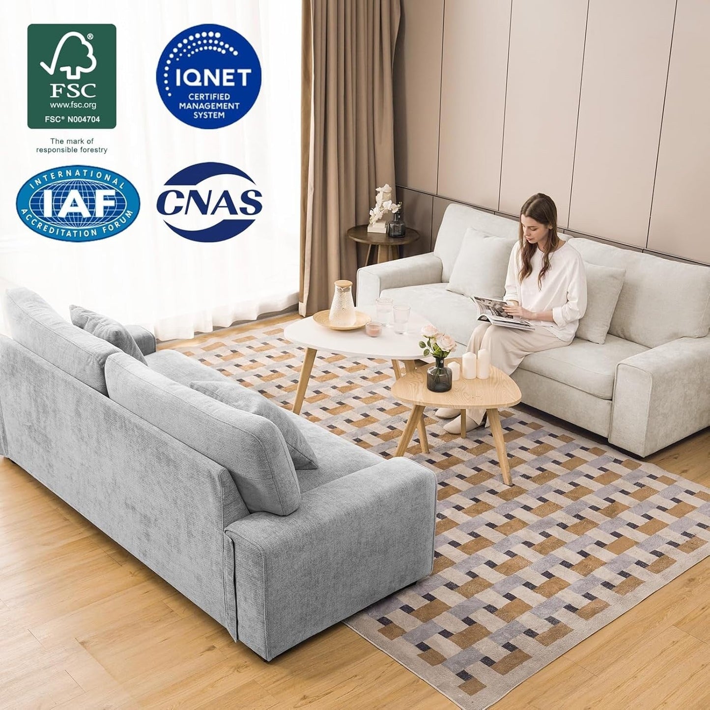 Canapé causeuse moderne en chenille pour salon - Fauteuil inclinable avec housse amovible, coussins à ressorts et structure en bois massif, beige