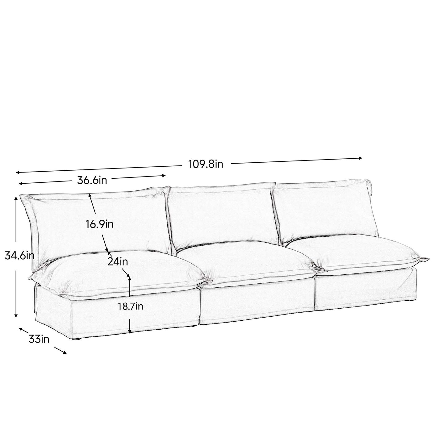 Canapé 3 places modulaire moderne en chenille sans accoudoirs