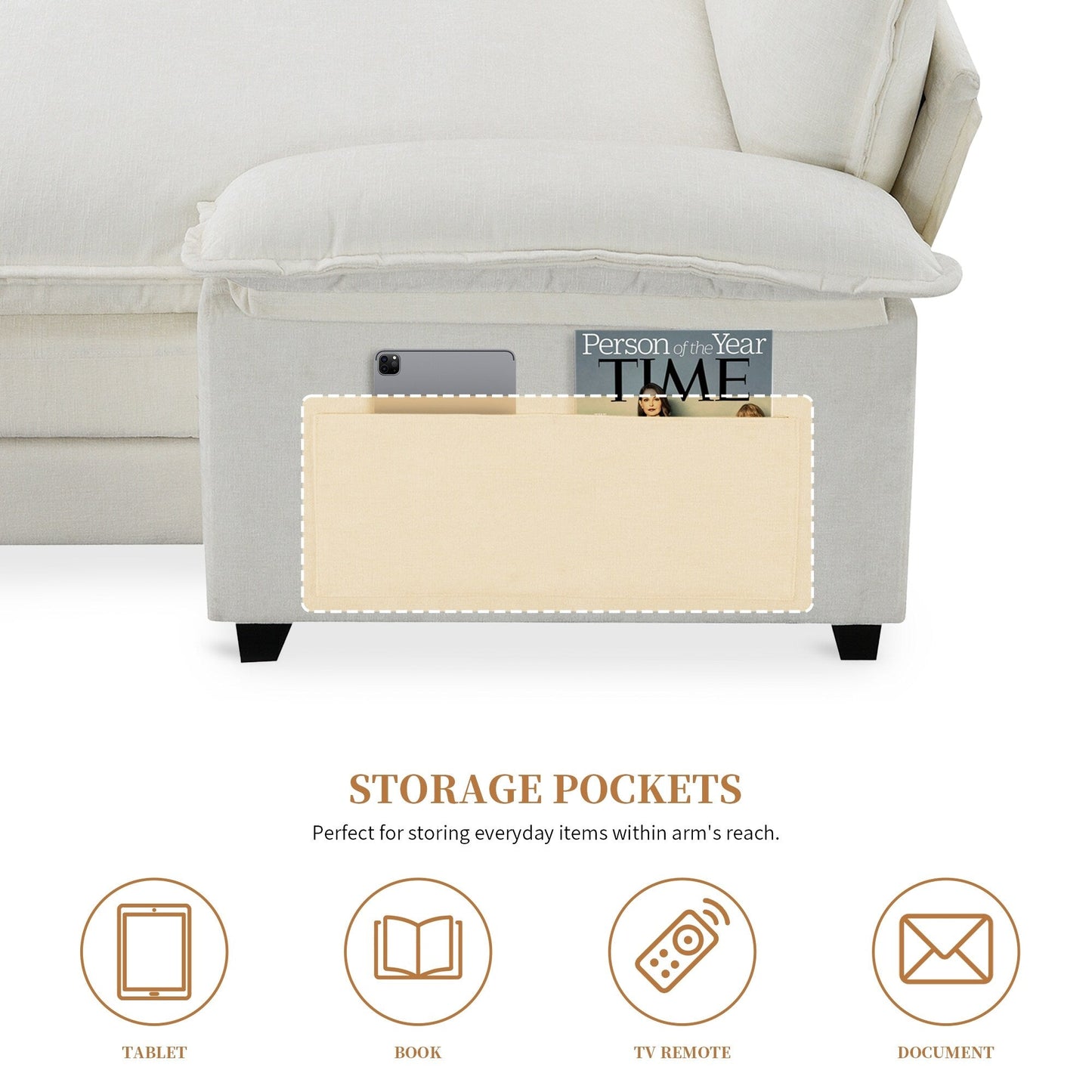 Canapé sectionnel moderne en chenille avec coussins doubles, poches de rangement, rembourré, canapé nuage en forme de L avec méridienne réversible