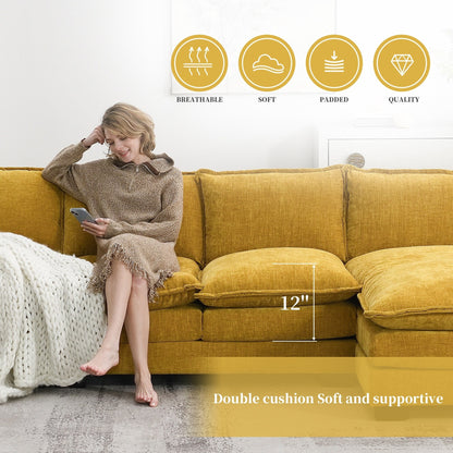 Canapé sectionnel moderne en chenille avec coussins doubles, poches de rangement, rembourré, canapé nuage en forme de L avec méridienne réversible