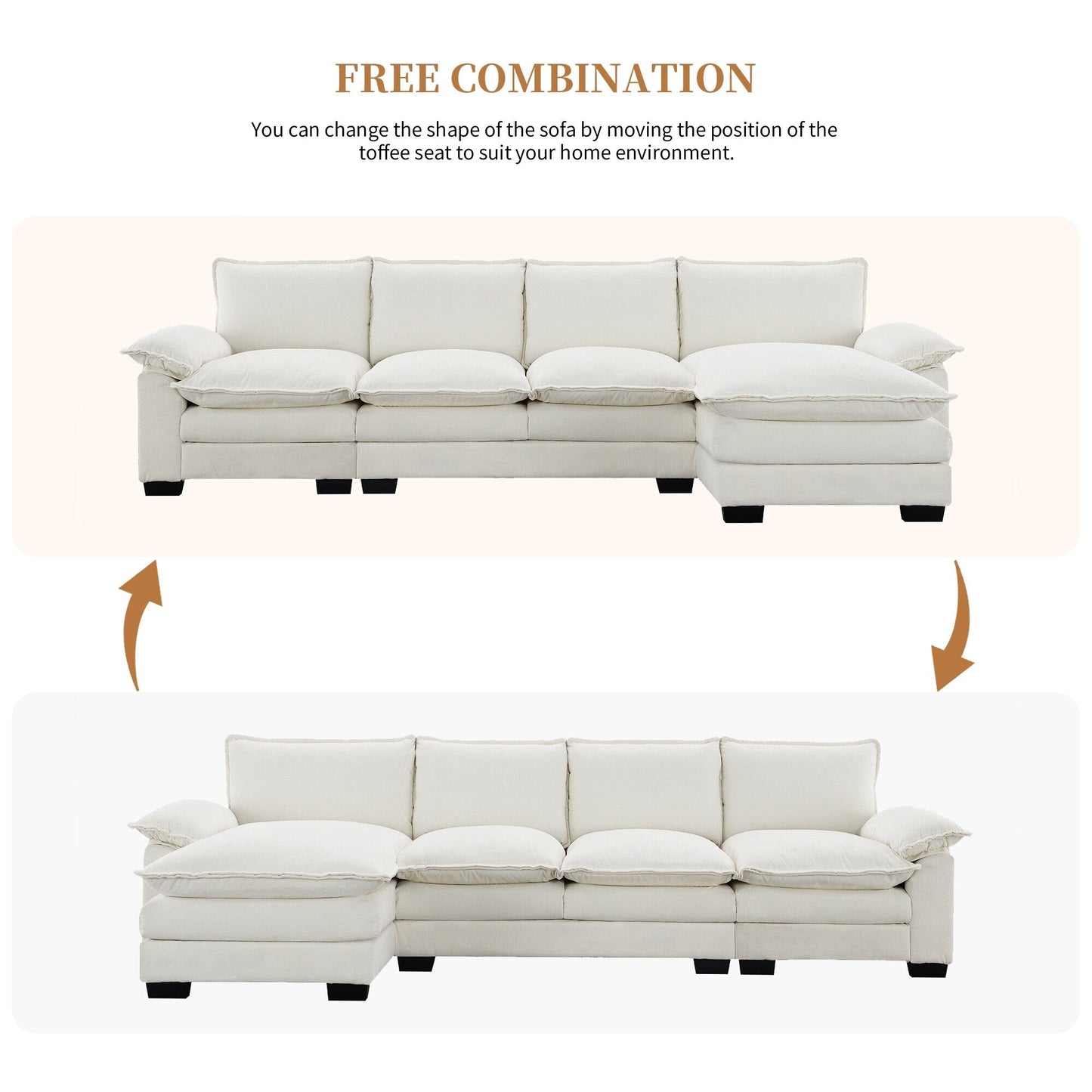 Canapé sectionnel moderne en chenille avec coussins doubles, poches de rangement, rembourré, canapé nuage en forme de L avec méridienne réversible