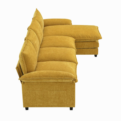 Canapé sectionnel moderne en chenille avec coussins doubles, poches de rangement, rembourré, canapé nuage en forme de L avec méridienne réversible