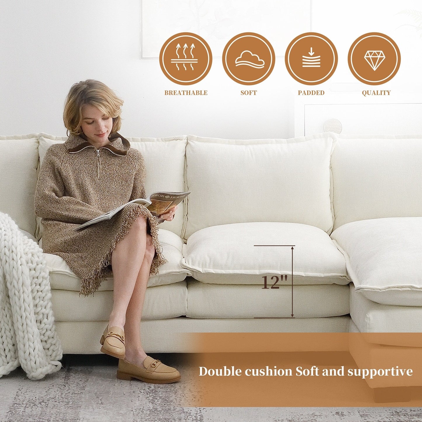 Canapé sectionnel moderne en chenille avec coussins doubles, poches de rangement, rembourré, canapé nuage en forme de L avec méridienne réversible