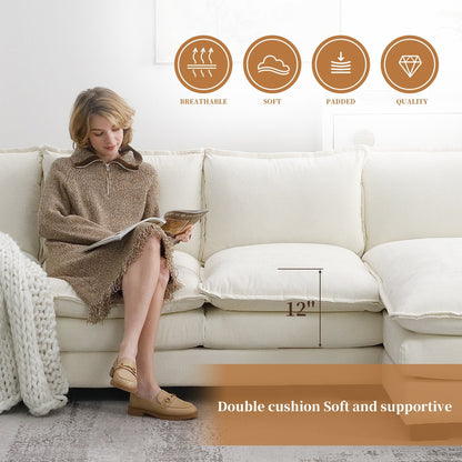 Canapé sectionnel moderne en chenille avec coussins doubles, poches de rangement, rembourré, canapé nuage en forme de L avec méridienne réversible