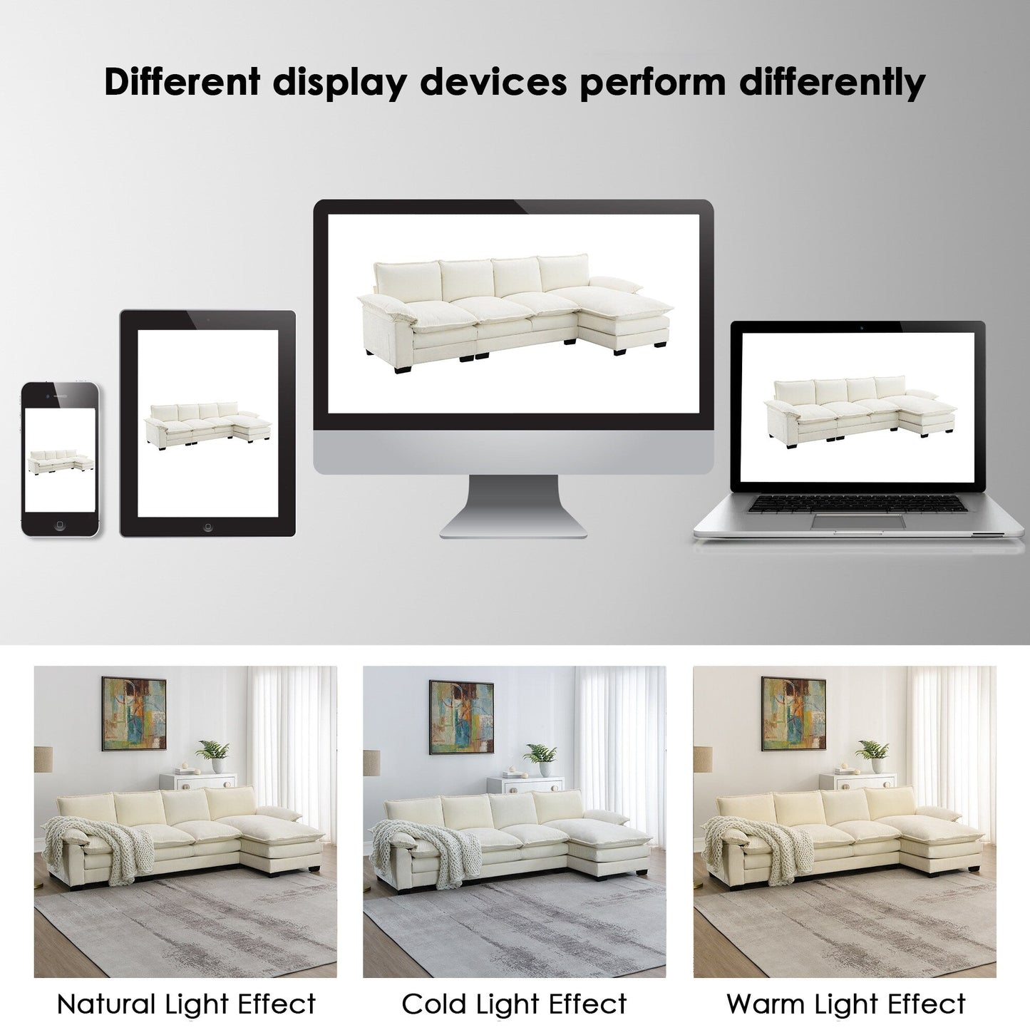 Canapé sectionnel moderne en chenille avec coussins doubles, poches de rangement, rembourré, canapé nuage en forme de L avec méridienne réversible