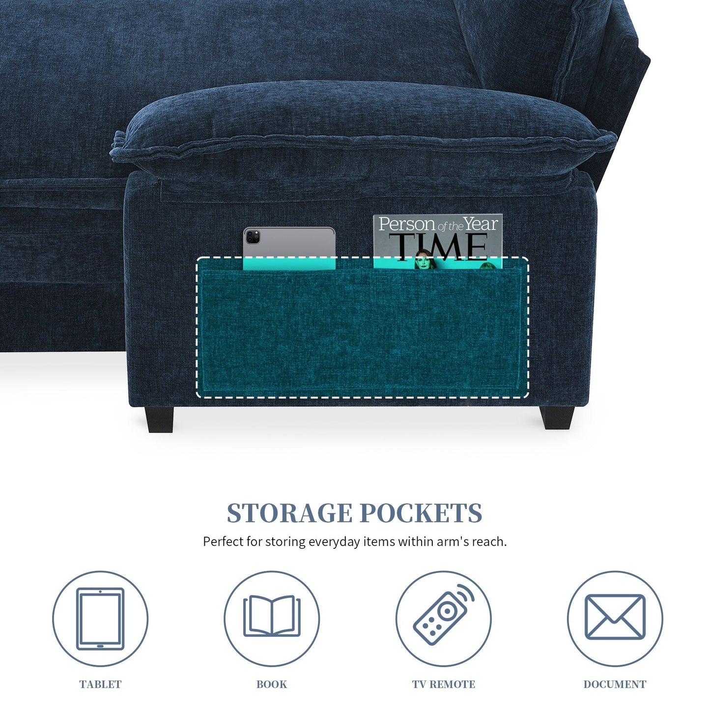 Canapé sectionnel moderne en chenille avec coussins doubles, poches de rangement, rembourré, canapé nuage en forme de L avec méridienne réversible