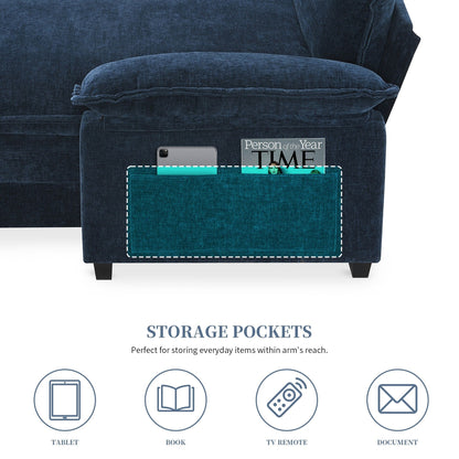 Canapé sectionnel moderne en chenille avec coussins doubles, poches de rangement, rembourré, canapé nuage en forme de L avec méridienne réversible