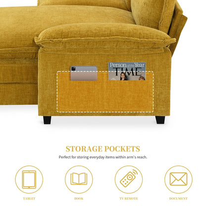 Canapé sectionnel moderne en chenille avec coussins doubles, poches de rangement, rembourré, canapé nuage en forme de L avec méridienne réversible