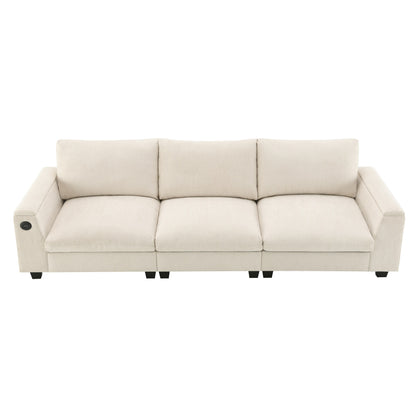 Canapé sectionnel moderne en chenille avec table rabattable, haut-parleurs Bluetooth, chargeur USB, porte-gobelets et rangement dissimulé pour les accoudoirs