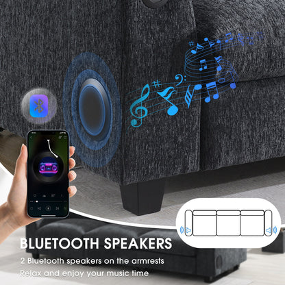 Canapé sectionnel moderne en chenille avec table rabattable, haut-parleurs Bluetooth, chargeur USB, porte-gobelets et rangement dissimulé pour les accoudoirs