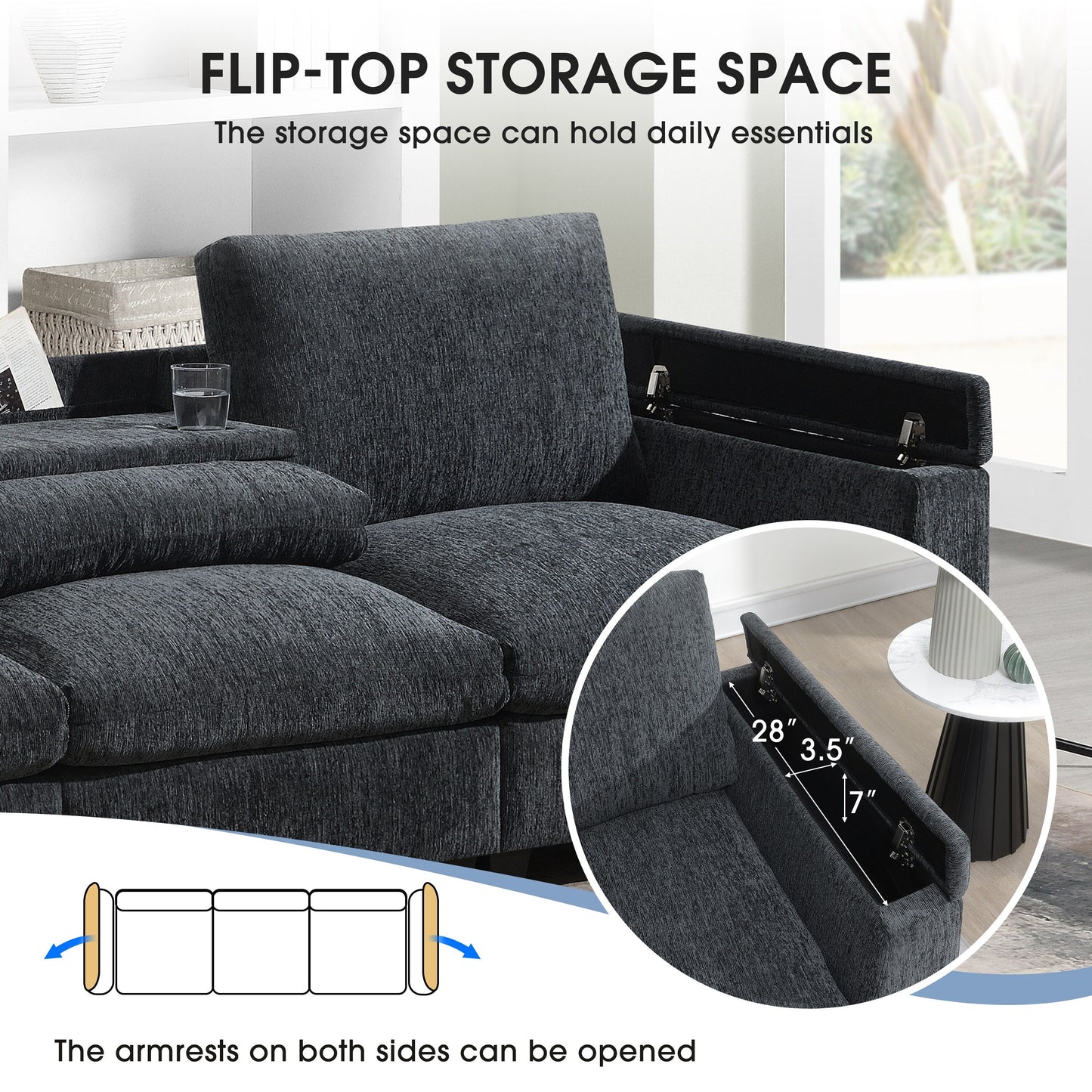 Canapé sectionnel moderne en chenille avec table rabattable, haut-parleurs Bluetooth, chargeur USB, porte-gobelets et rangement dissimulé pour les accoudoirs
