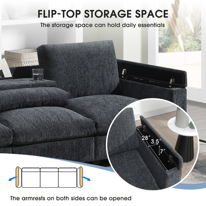 Canapé sectionnel moderne en chenille avec table rabattable, haut-parleurs Bluetooth, chargeur USB, porte-gobelets et rangement dissimulé pour les accoudoirs