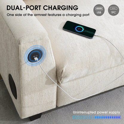Canapé sectionnel moderne en chenille avec table rabattable, haut-parleurs Bluetooth, chargeur USB, porte-gobelets et rangement dissimulé pour les accoudoirs