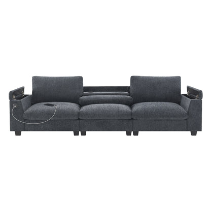 Canapé sectionnel moderne en chenille avec table rabattable, haut-parleurs Bluetooth, chargeur USB, porte-gobelets et rangement dissimulé pour les accoudoirs