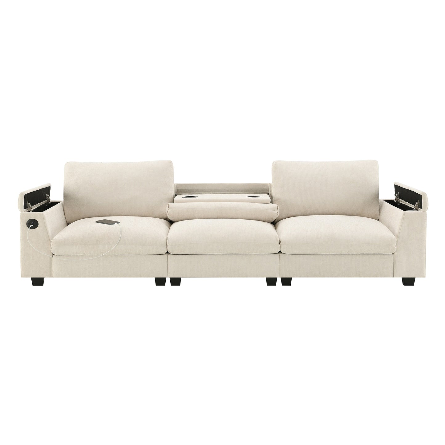 Canapé sectionnel moderne en chenille avec table rabattable, haut-parleurs Bluetooth, chargeur USB, porte-gobelets et rangement dissimulé pour les accoudoirs