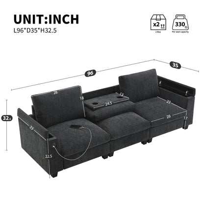 Canapé sectionnel moderne en chenille avec table rabattable, haut-parleurs Bluetooth, chargeur USB, porte-gobelets et rangement dissimulé pour les accoudoirs