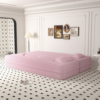 Canapé-lit convertible moderne en tissu Teddy rempli de mousse avec 2 oreillers