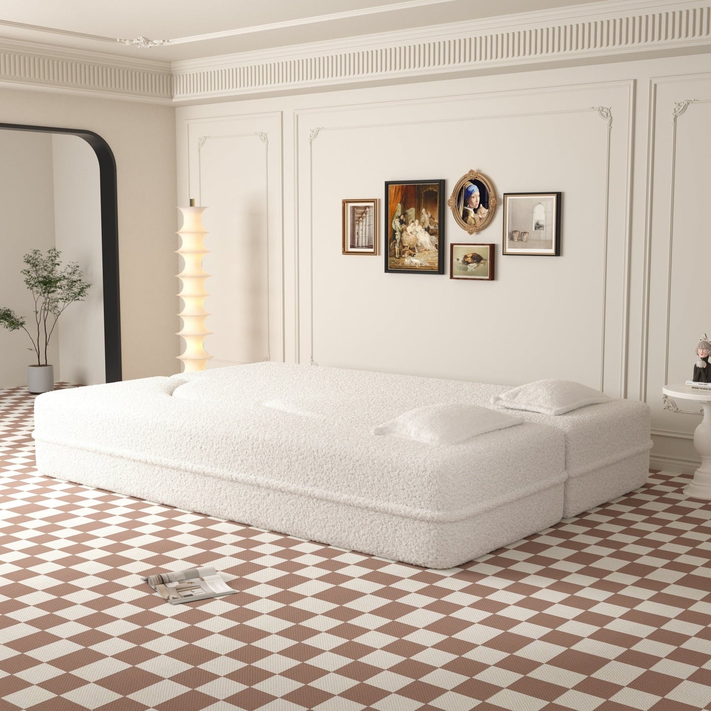 Canapé-lit convertible moderne en tissu Teddy rempli de mousse avec 2 oreillers