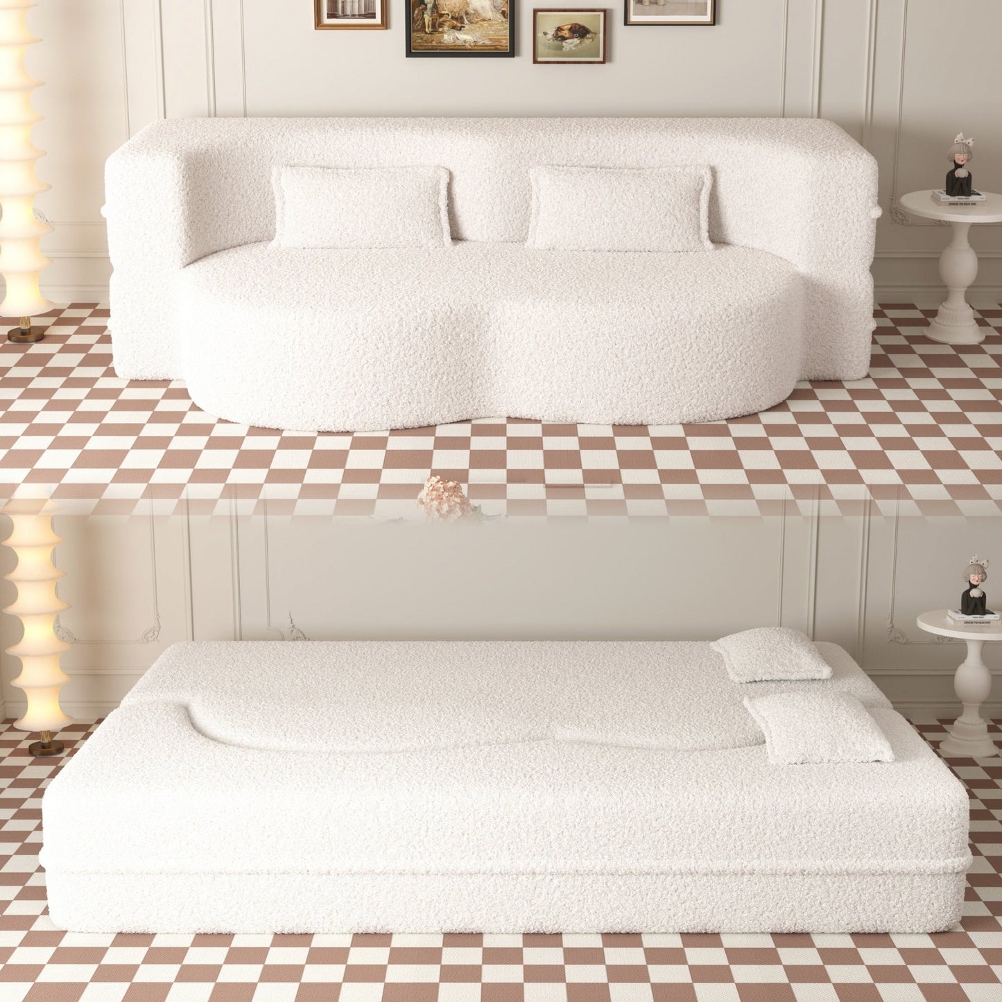 Canapé-lit convertible moderne en tissu Teddy rempli de mousse avec 2 oreillers