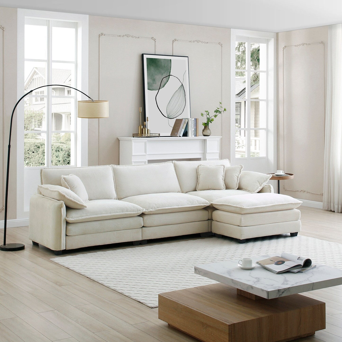 Canapé sectionnel moderne en velours côtelé en forme de L, canapé 3 places à assise profonde avec pouf pour le salon