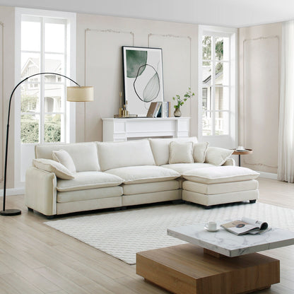 Canapé sectionnel moderne en velours côtelé en forme de L, canapé 3 places à assise profonde avec pouf pour le salon