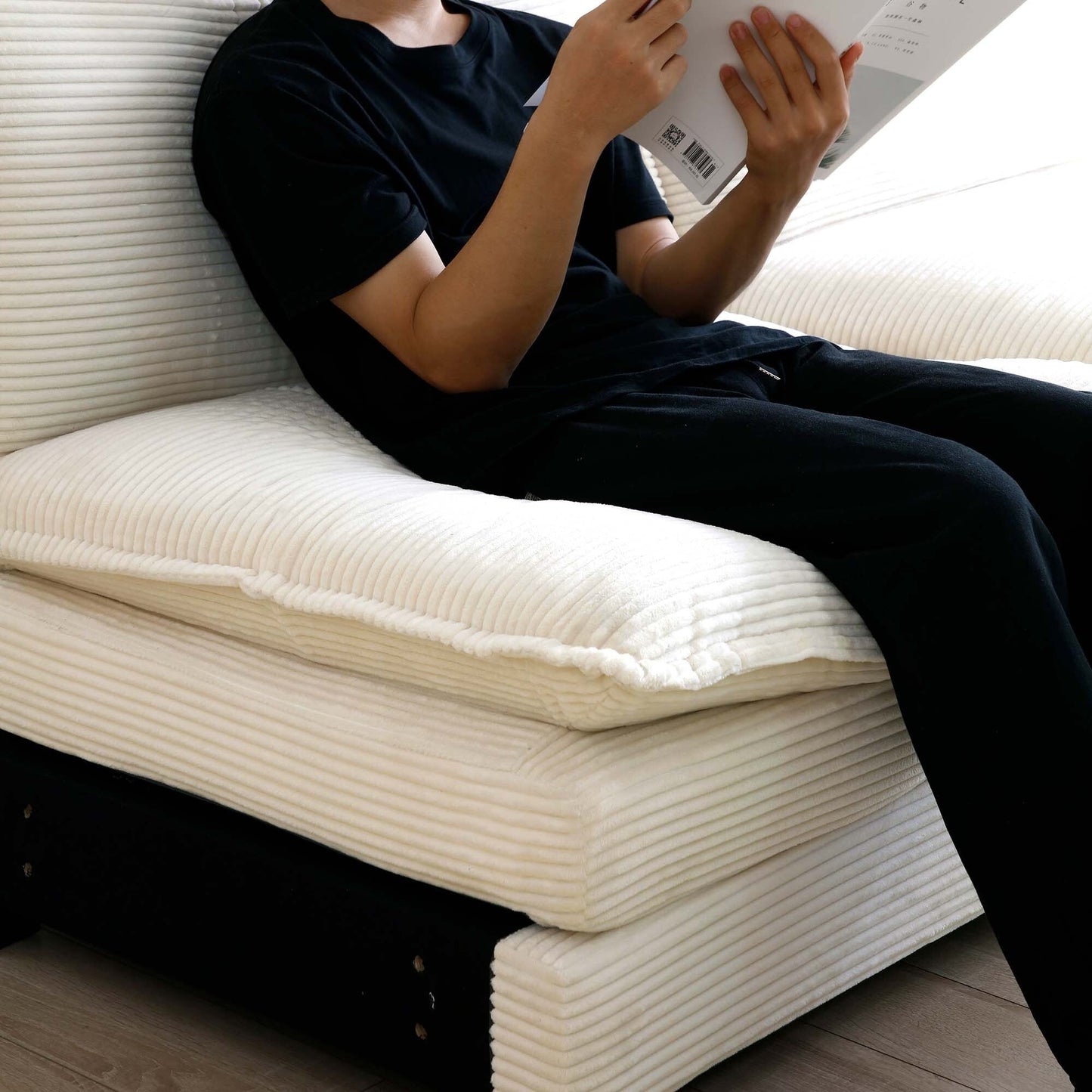 Canapé sectionnel moderne en velours côtelé en forme de L, canapé 3 places à assise profonde avec pouf pour le salon