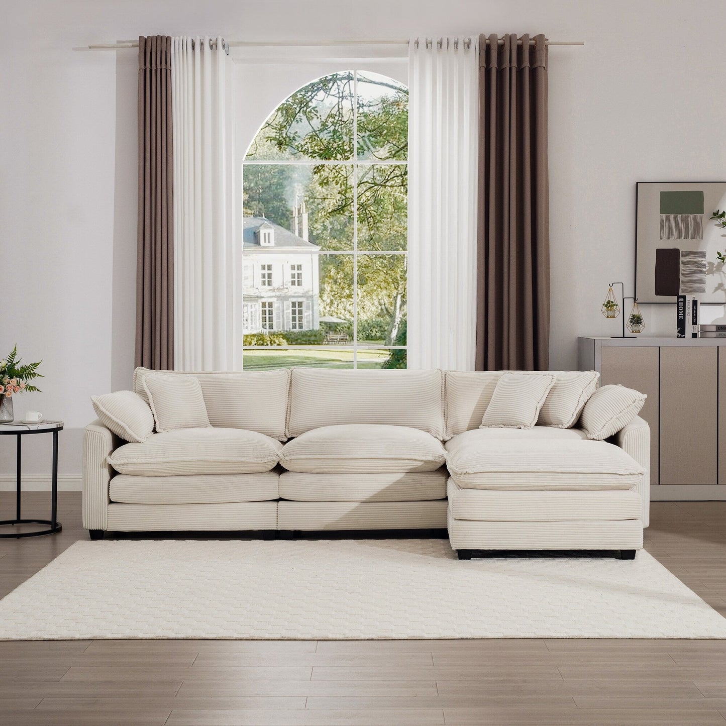 Canapé modulable moderne en velours côtelé, canapé 3 places à assise profonde avec pouf pour salon