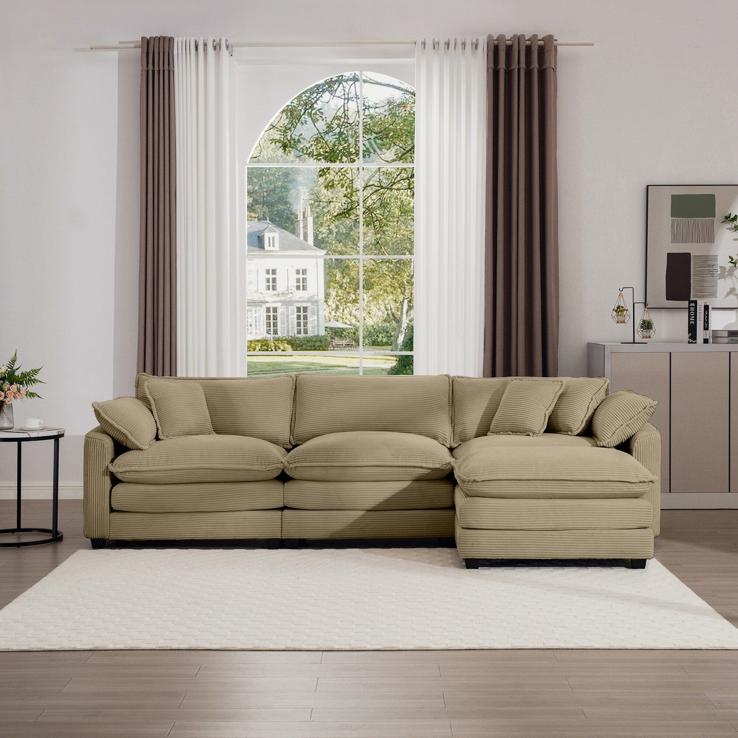 Canapé modulable moderne en velours côtelé, canapé 3 places à assise profonde avec pouf pour salon