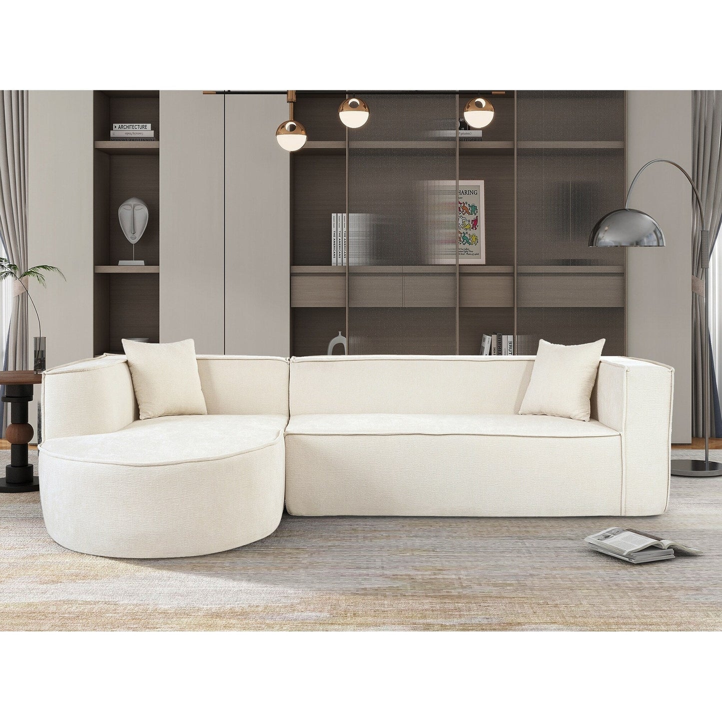 Canapé modulaire en L avec 2 coussins, en chenille incurvée moderne, idéal pour le salon ou le bureau