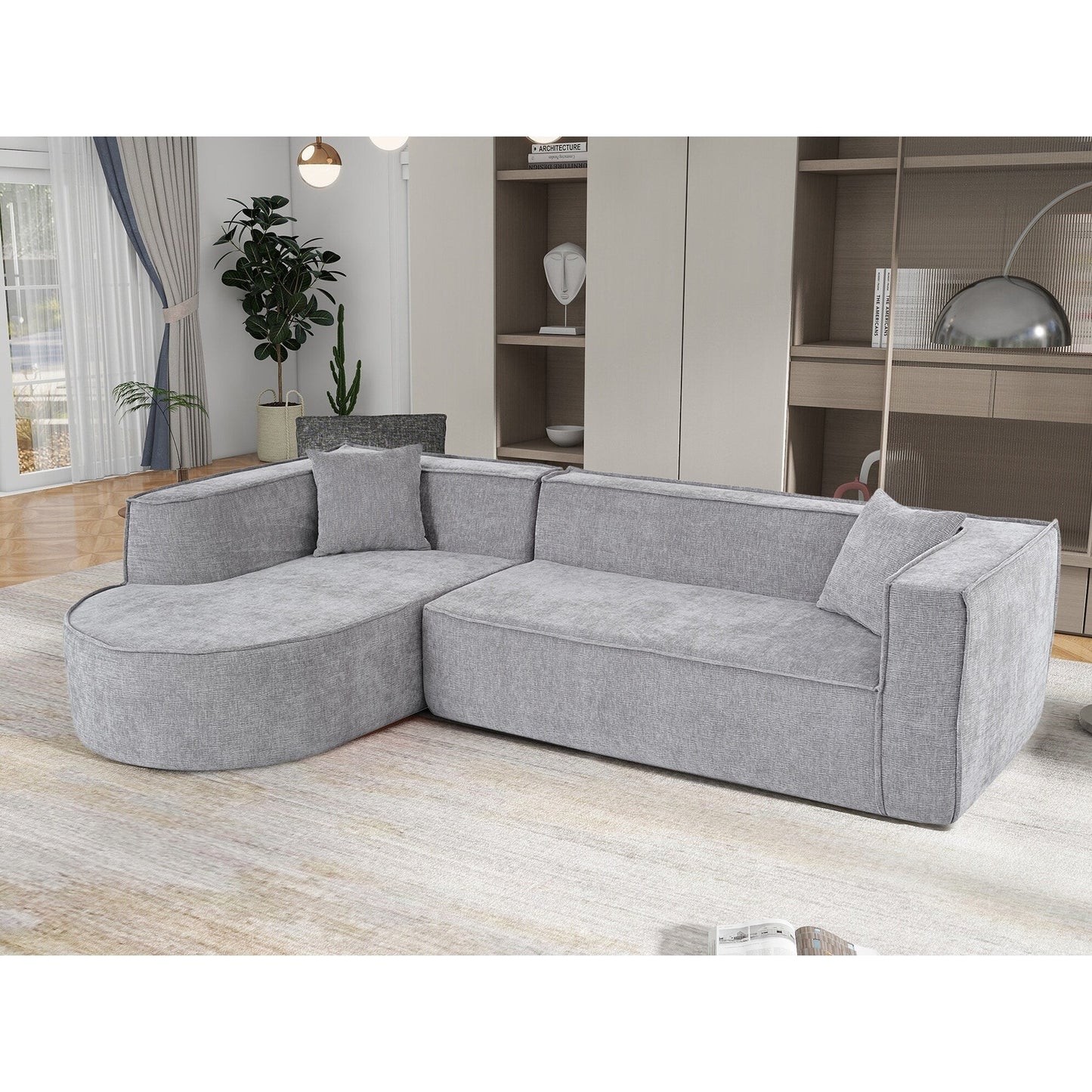 Canapé modulaire en L avec 2 coussins, en chenille incurvée moderne, idéal pour le salon ou le bureau