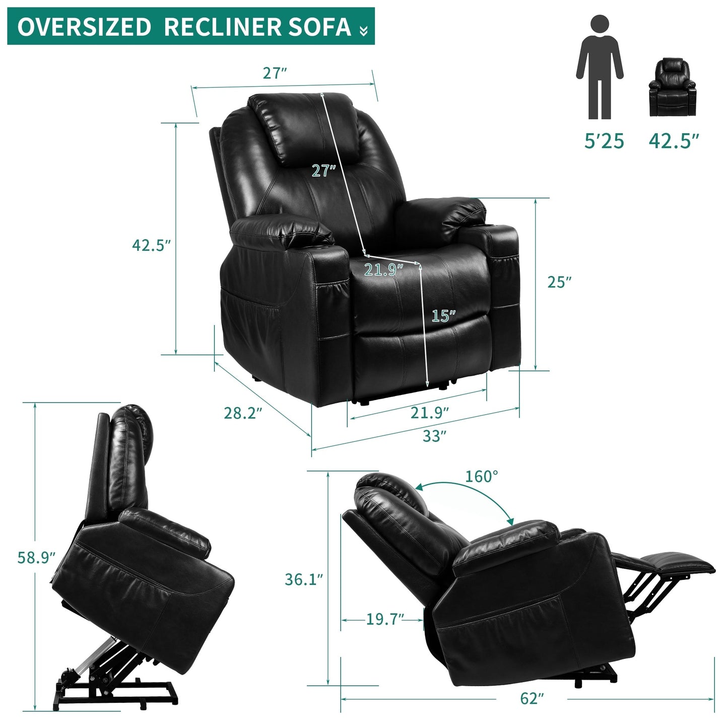 Fauteuil inclinable électrique moderne avec relevage et massage chauffant