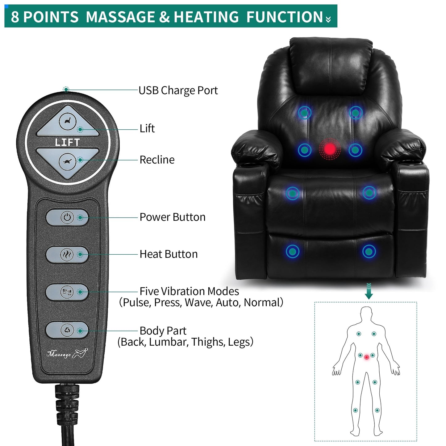 Fauteuil inclinable électrique moderne avec relevage et massage chauffant