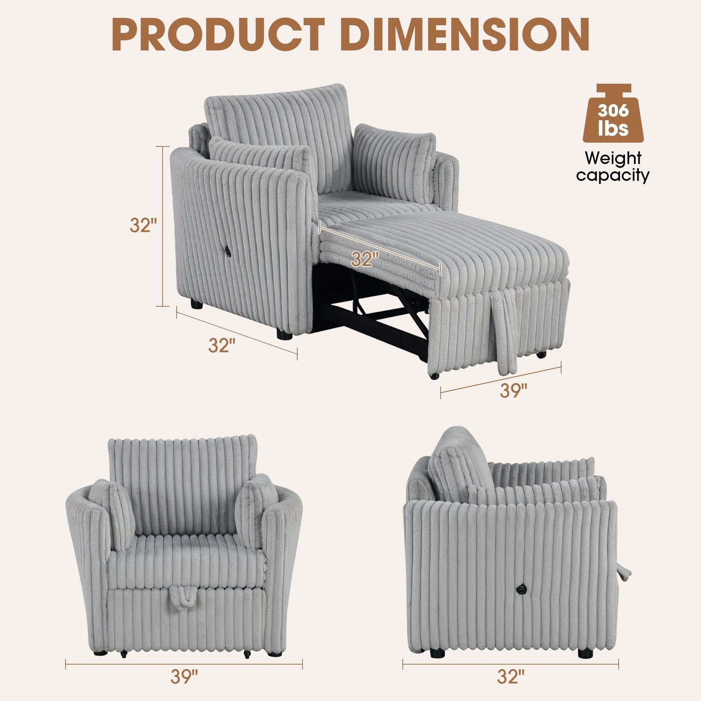 Canapé-lit simple moderne en tissu avec USB et 2 oreillers