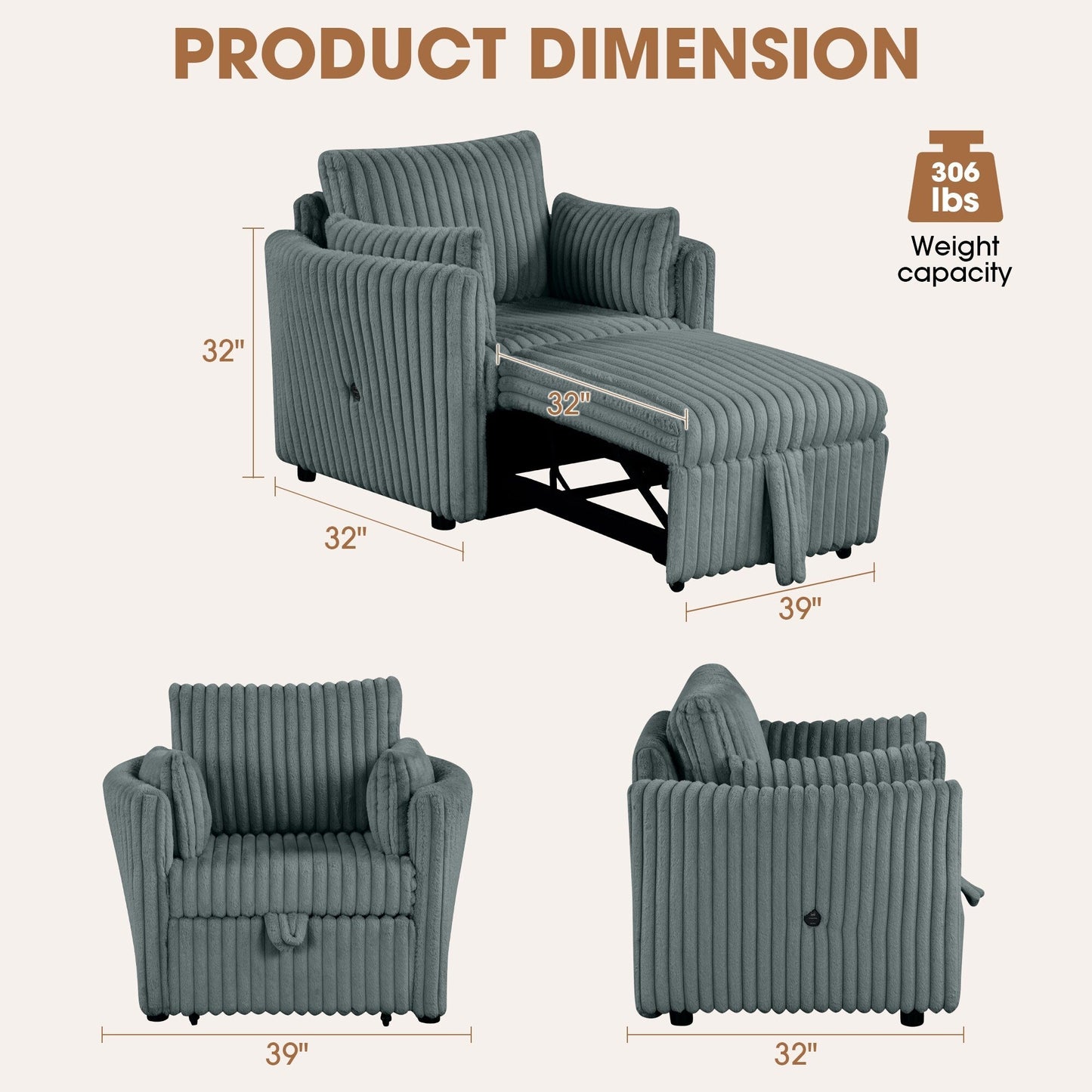 Canapé-lit simple moderne en tissu avec USB et 2 oreillers