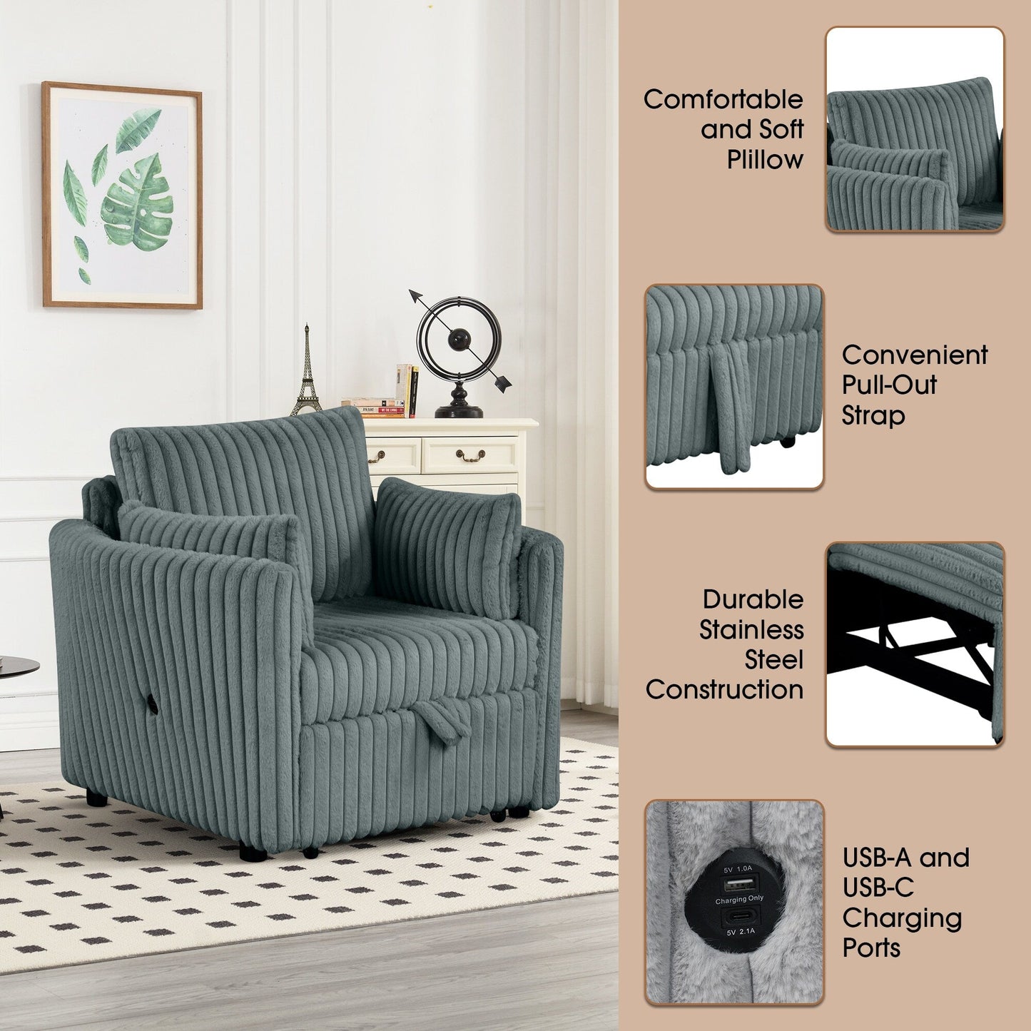 Canapé-lit simple moderne en tissu avec USB et 2 oreillers