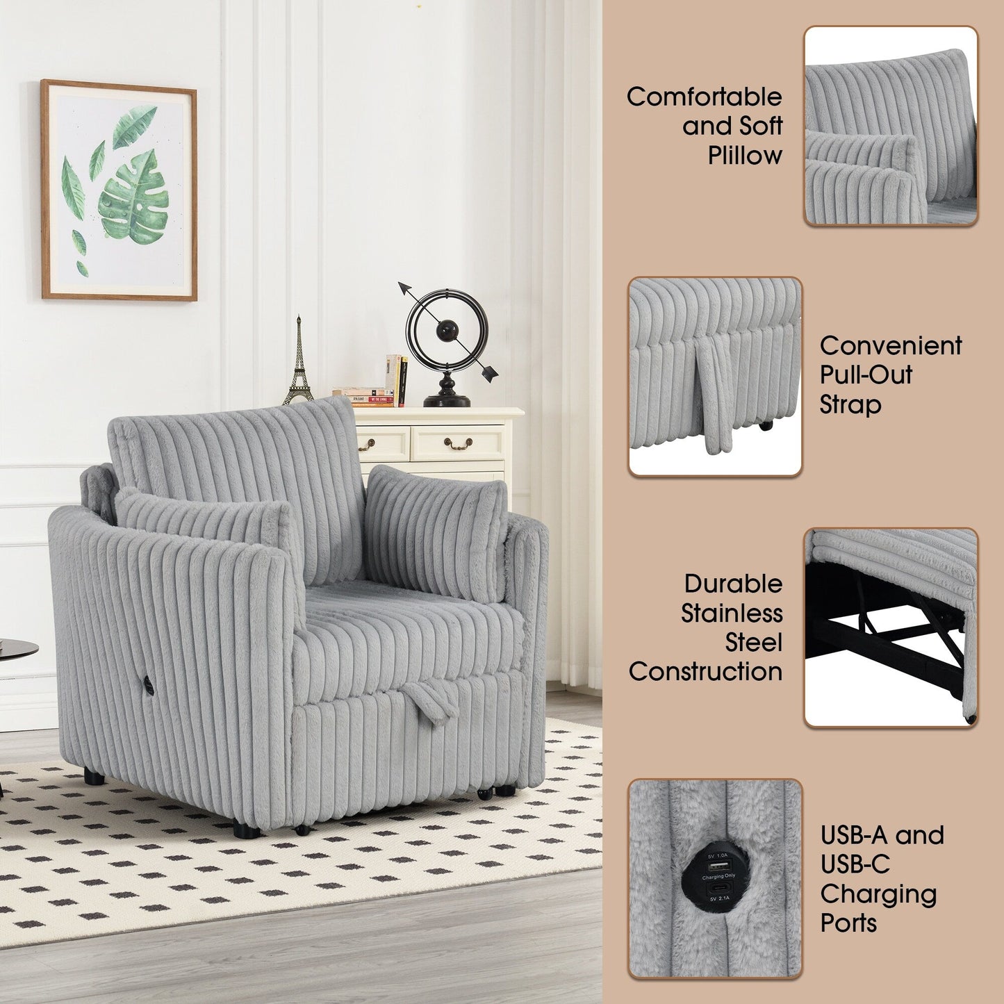 Canapé-lit simple moderne en tissu avec USB et 2 oreillers