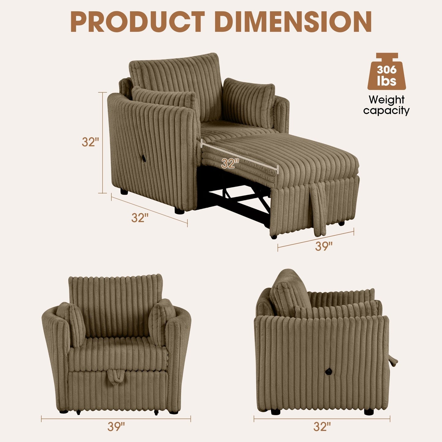 Canapé-lit simple moderne en tissu avec USB et 2 oreillers